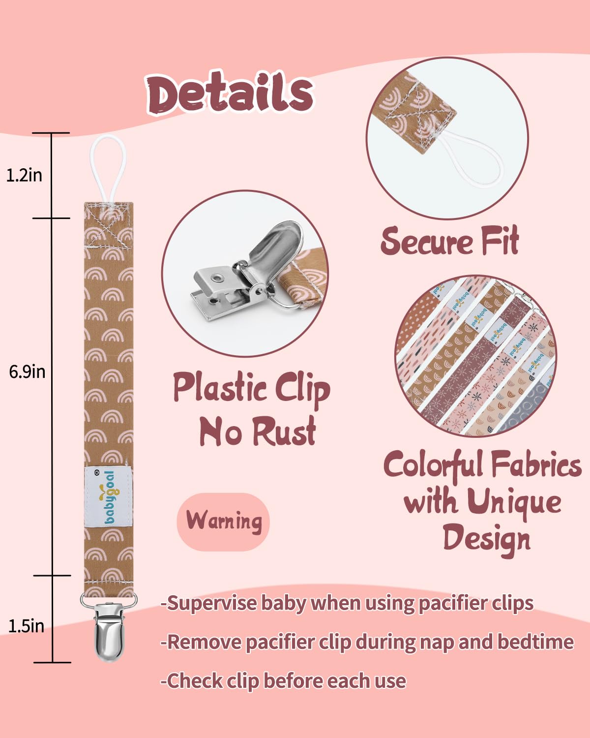 Babygoal rainbow clips in assorted colors fit most pacifiers