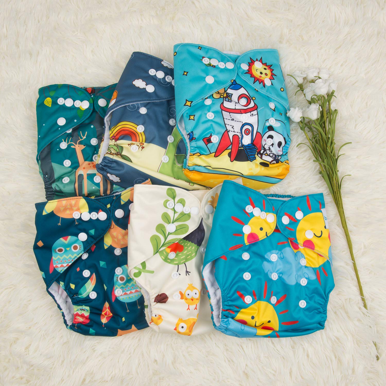 Babygoal packaging shows six diapers, six microfiber inserts, four bamboo inserts.