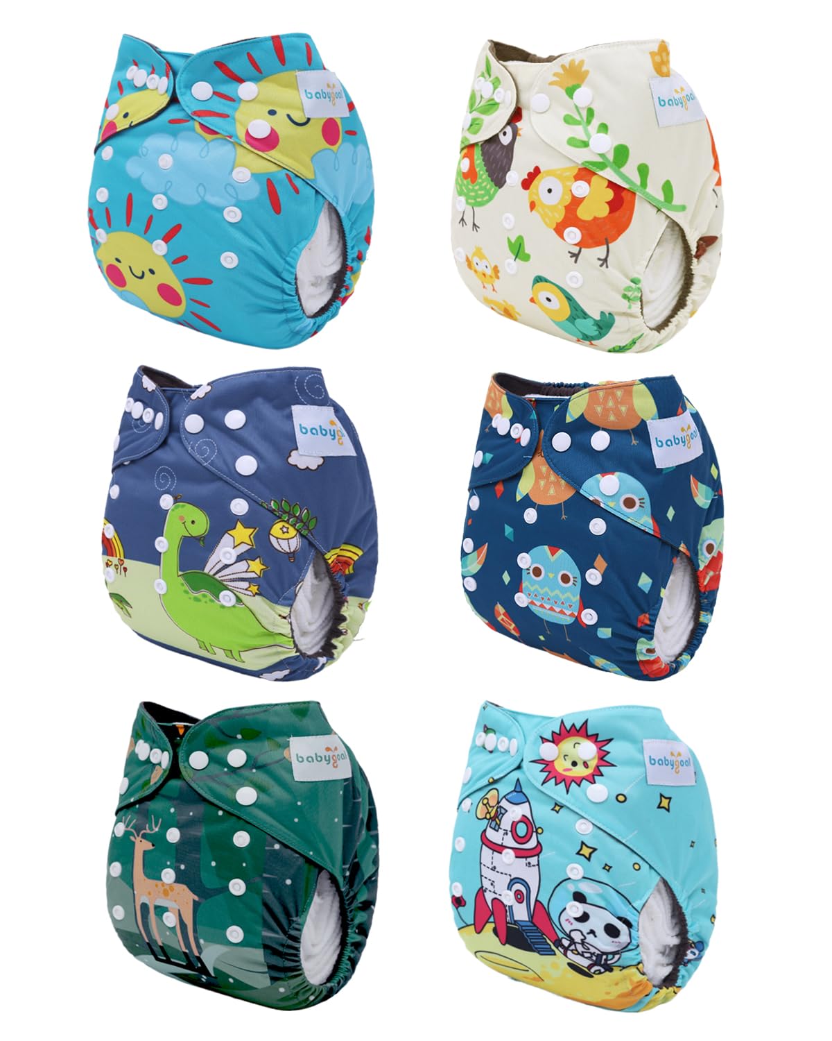 Babygoal diaper with deer print snap closures demonstrating adjustable fit for growing babies.