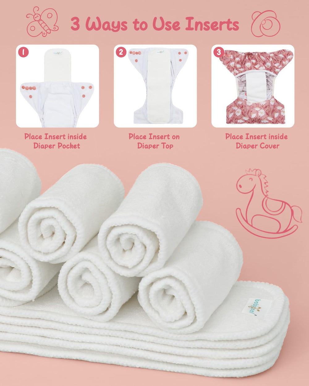 Small-size newborn inserts fit 5-12 lbs for snug diaper fit.