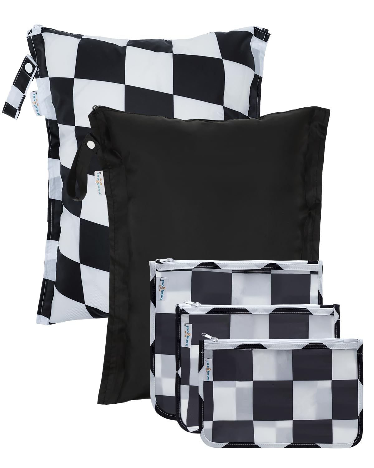 babygoal waterproof wet-dry bags shown with towels and swimsuits for poolside organization