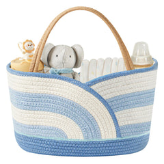 Babygreat diaper caddy blue-white closeup, neatly organizes diapers and wipes within easy reach.