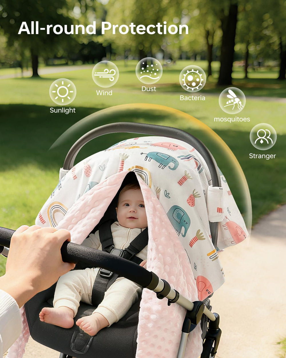 Babygreat car seat cover with snap peekaboo opening for easy checks and draft protection.