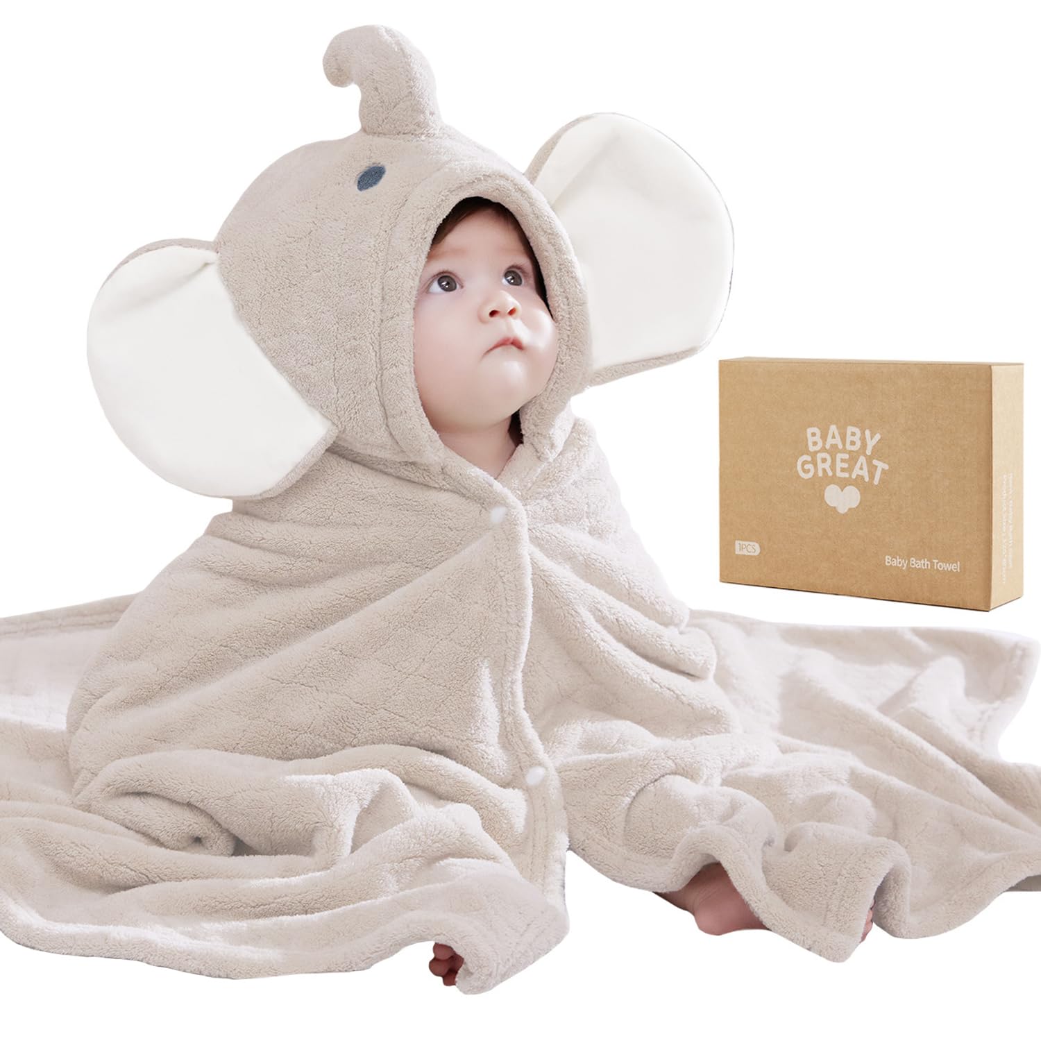 Babygreat hooded towel with elephant face keeps baby warm after bath.