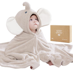 Babygreat hooded towel with elephant face keeps baby warm after bath.