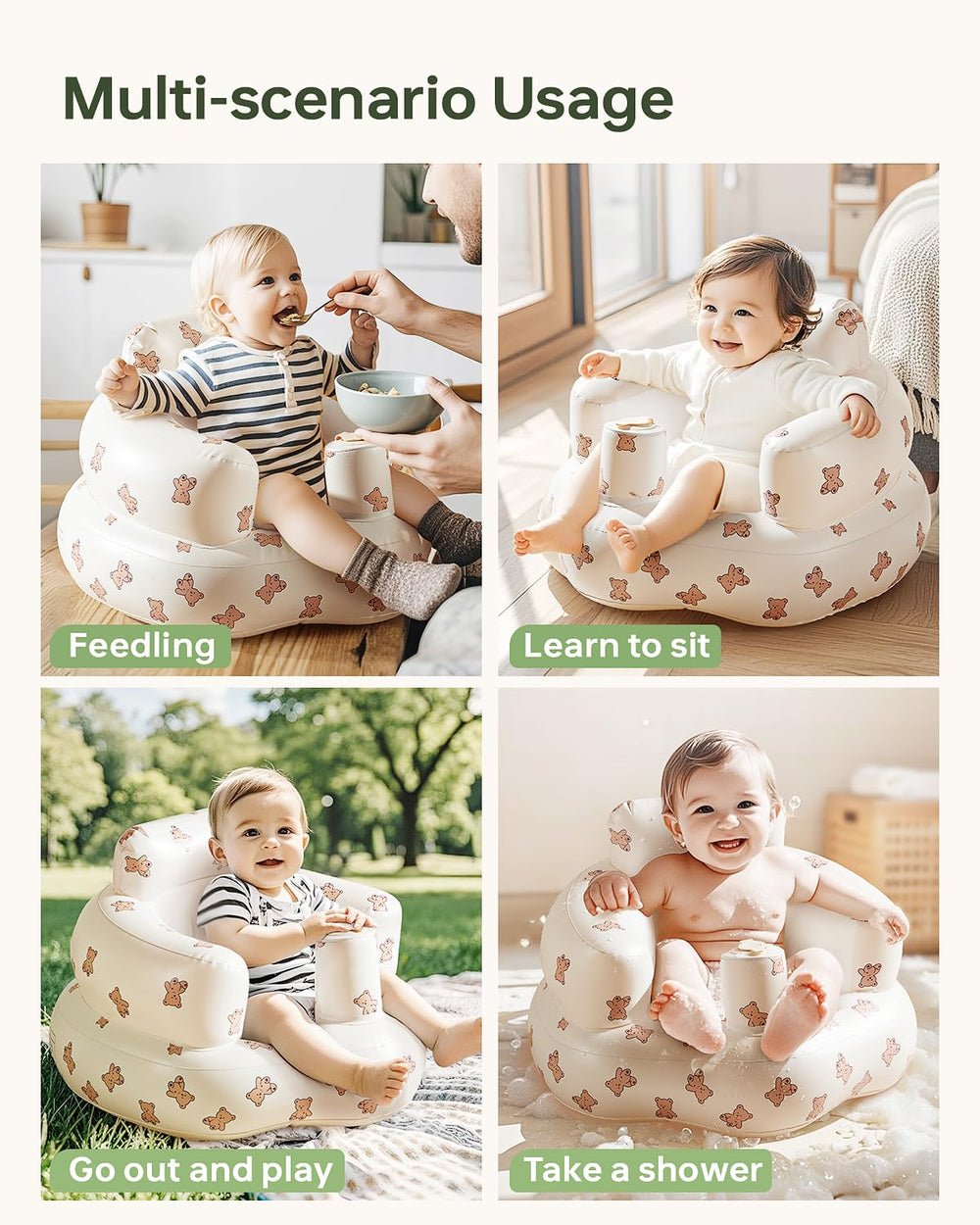 Babygreat seat is versatile for sitting, feeding, play, and storytelling at home.
