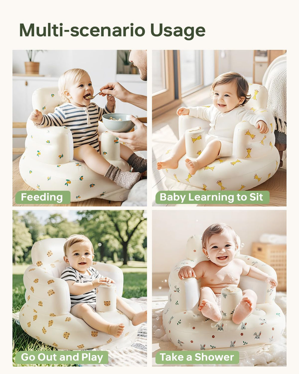 Size L accommodates ages 3-36 months and up to 60 lbs