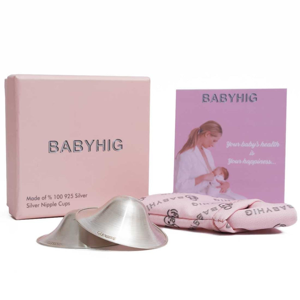 BABYHIG silver nursing cups overview, discreet design for comfortable breastfeeding.