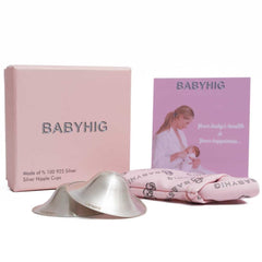 BABYHIG silver nursing cups overview, discreet design for comfortable breastfeeding.