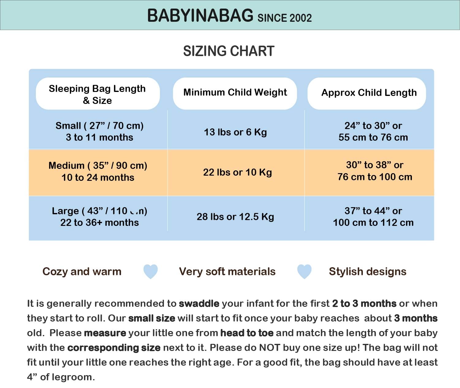 Baby in a Bag large size fits 22 months to 3T toddlers securely