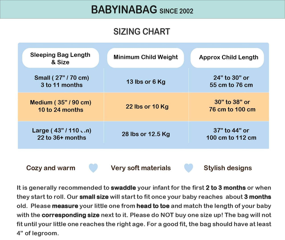 Baby in a Bag large size fits 22 months to 3T toddlers securely