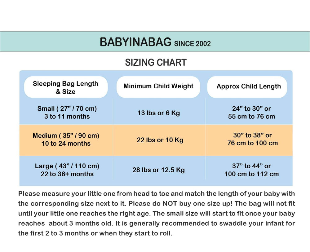 Sizes chart confirms proper fit from Small to Large as your baby grows.
