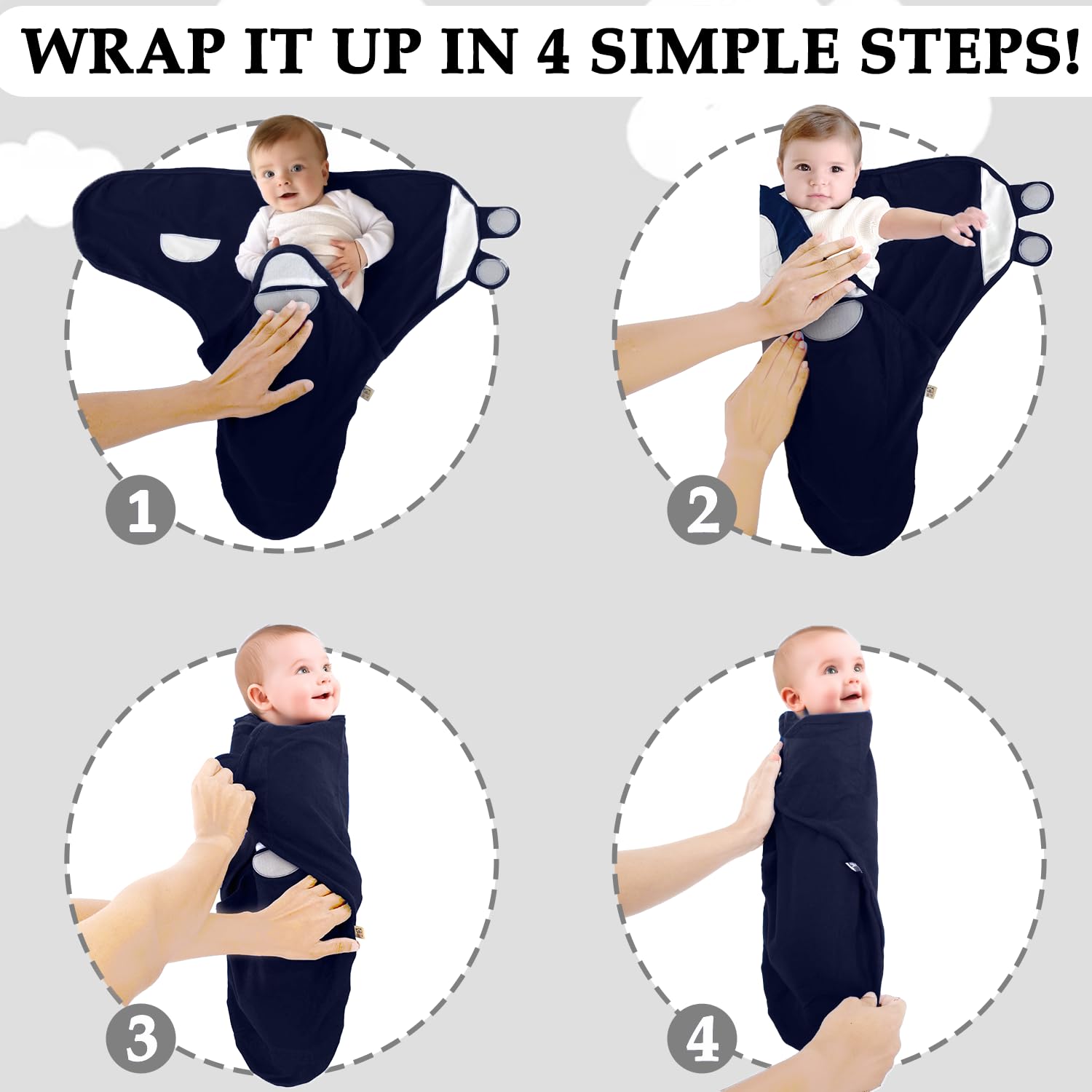 BABYKINZ swaddle Velcro closure demonstrates secure, adjustable wrap for diapering ease.