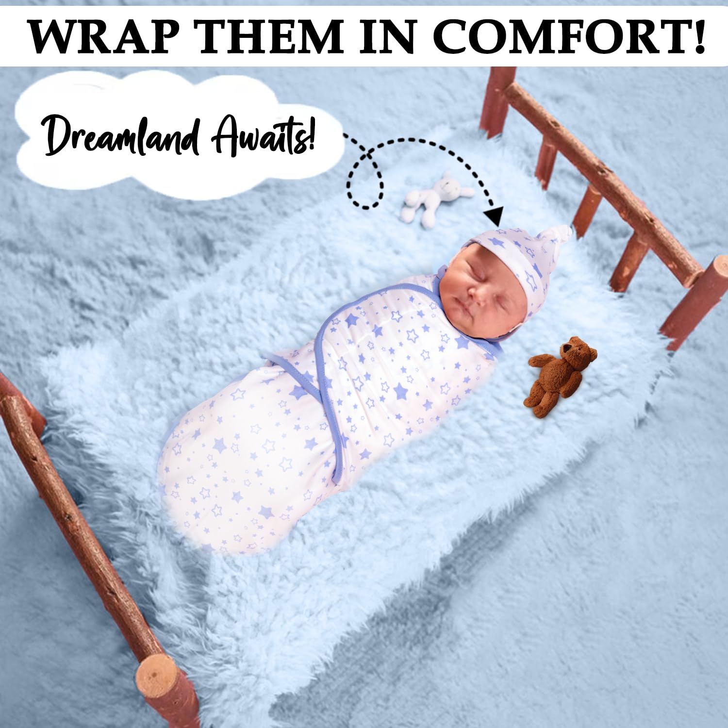 BABYKINZ blue swaddle wrapped securely, ergonomic hip support highlighted