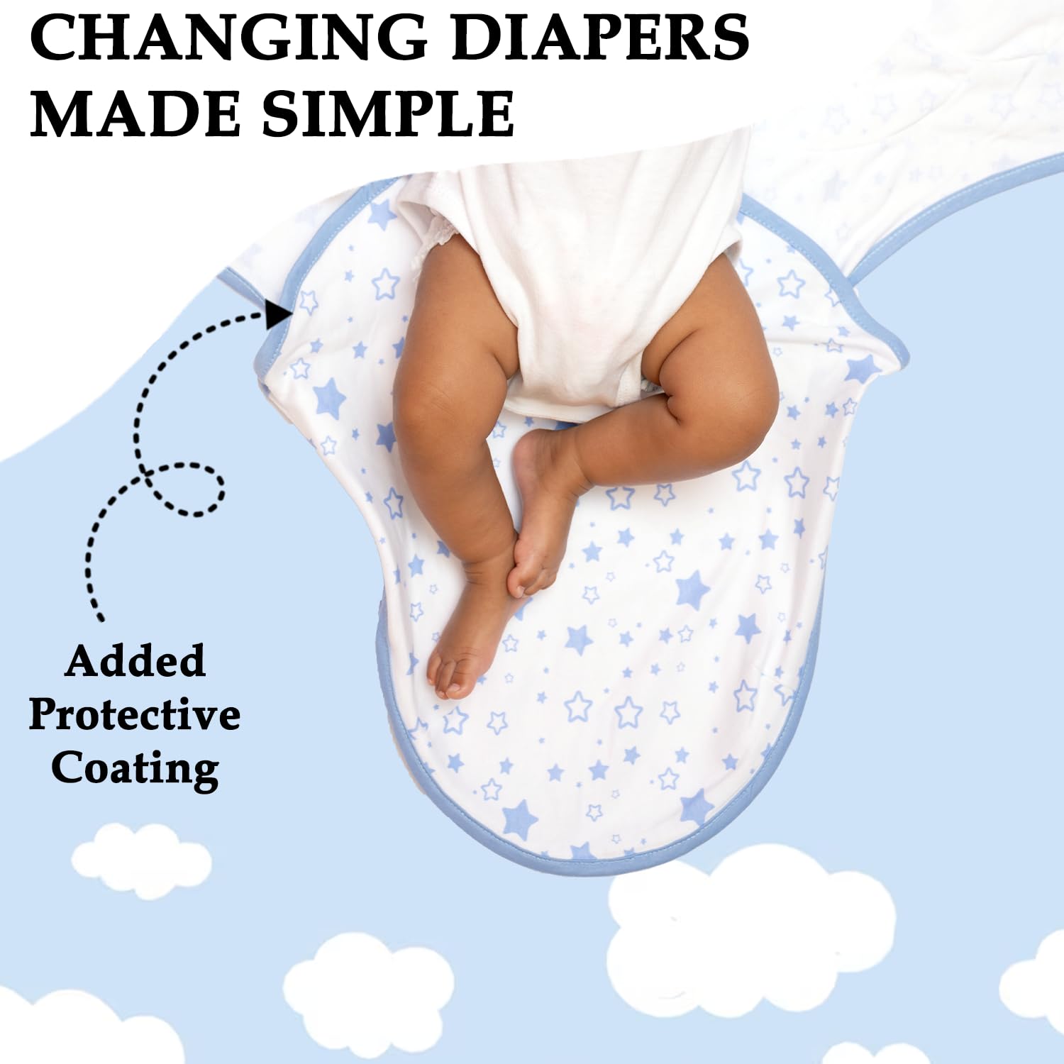 BABYKINZ blue swaddle wrap in use during diaper change for secure wrap