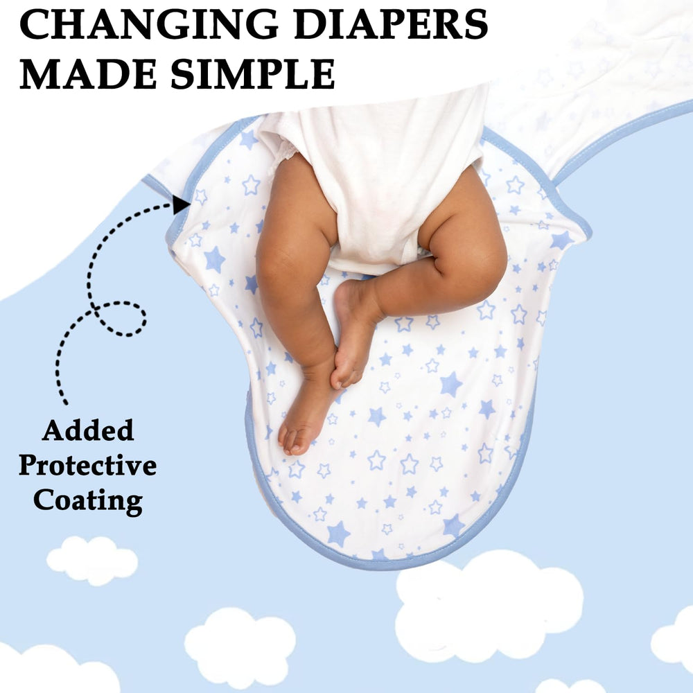 BABYKINZ blue swaddle wrap in use during diaper change for secure wrap