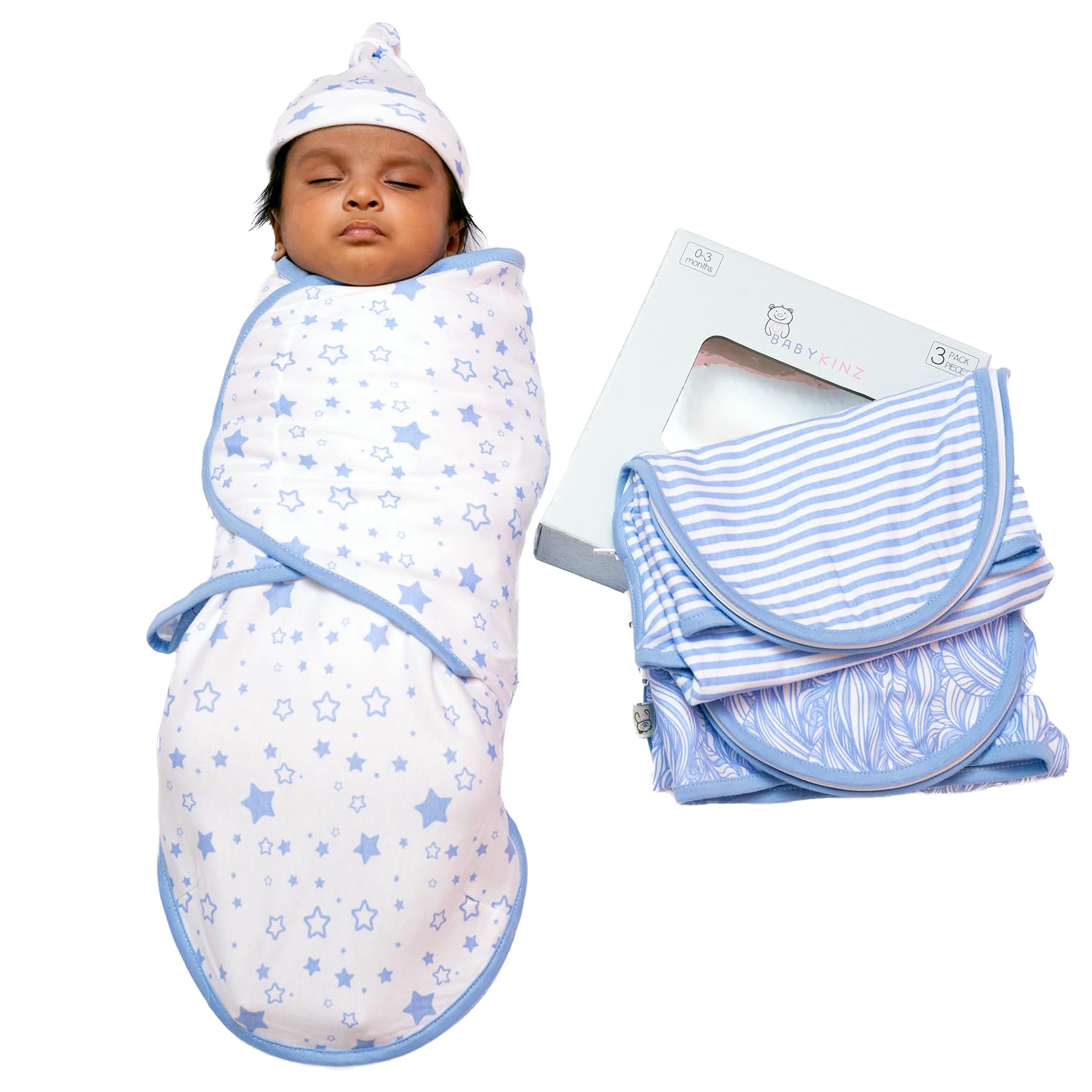BABYKINZ blue swaddles in packaging showing value and convenience for parents
