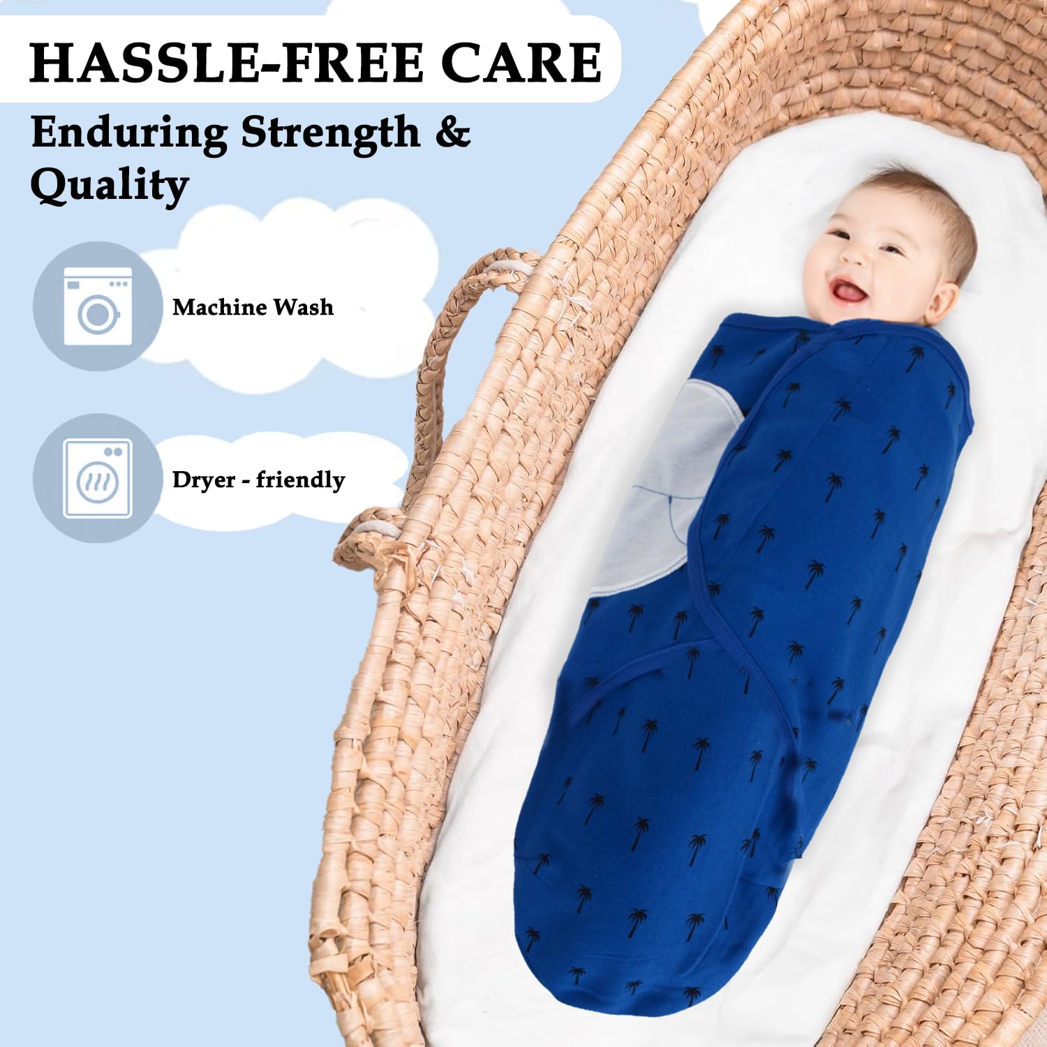 BABYKINZ easy-care instructions show machine wash and tumble dry.