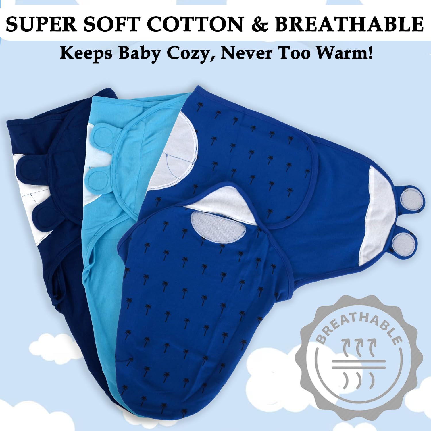 BABYKINZ velcro closure detail highlights secure, adjustable swaddle wrap.