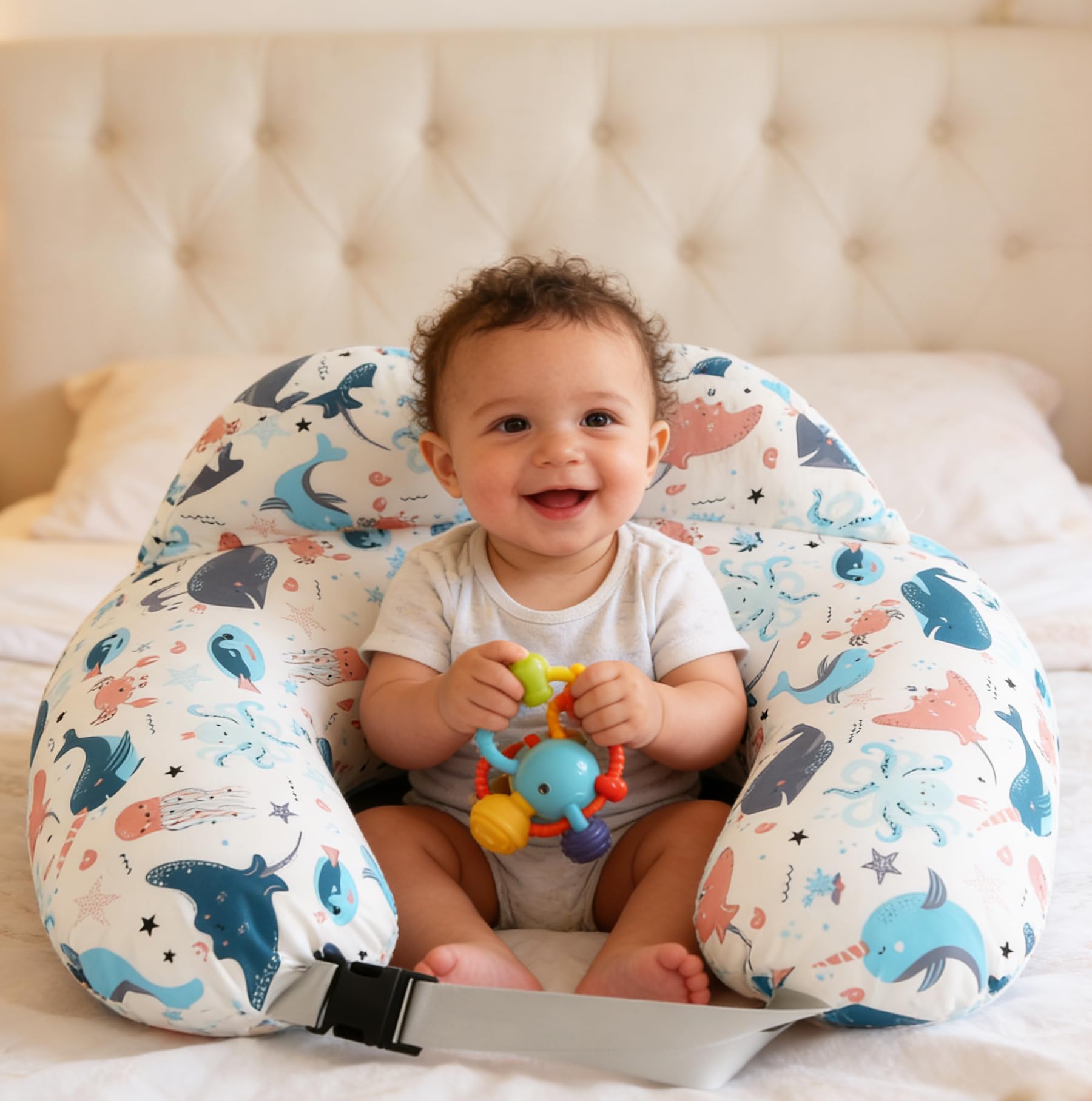 BABYLIAN washable cotton slipcover keeps feeding space clean.
