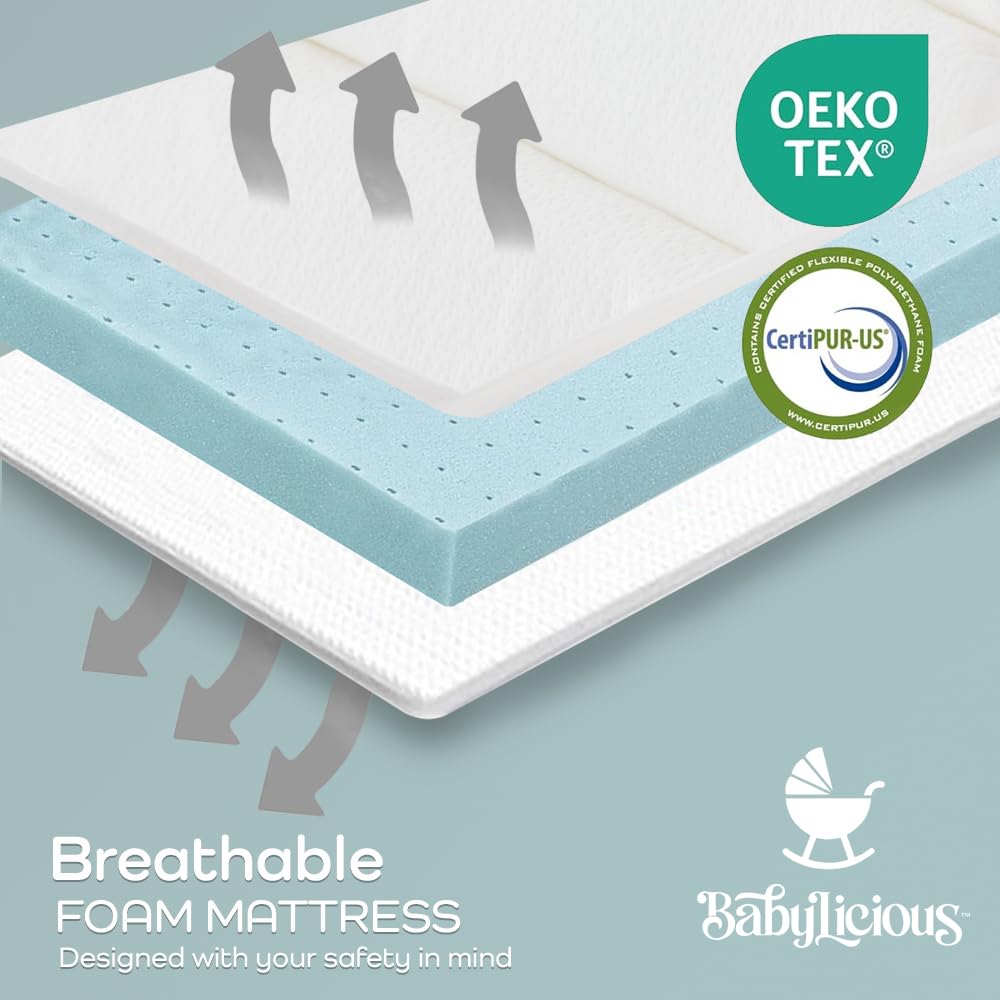Babylicious breathable jacquard cover highlights soft touch and airflow.