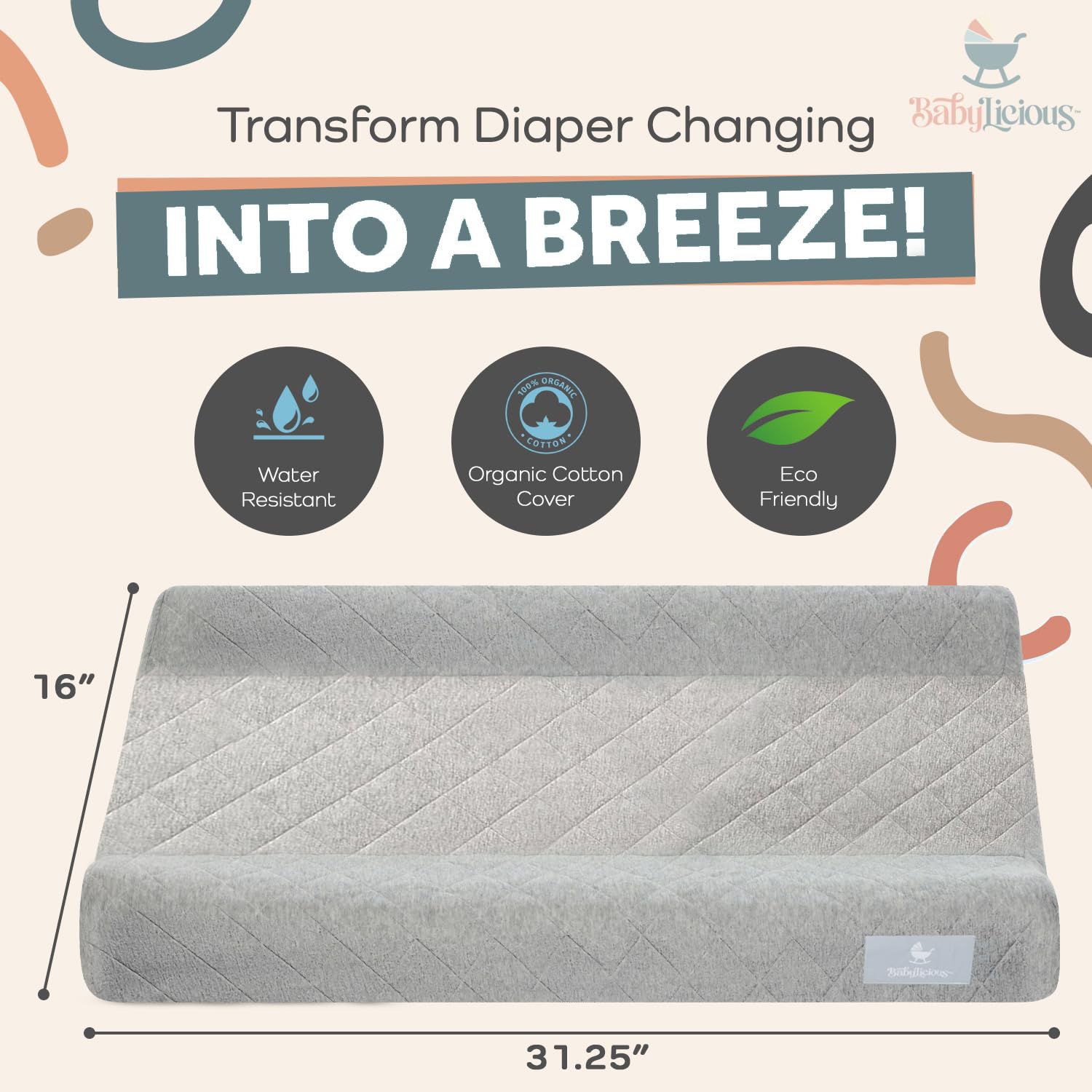 Babylicious changing pad features a non-slip design and safety buckle for secure changes.