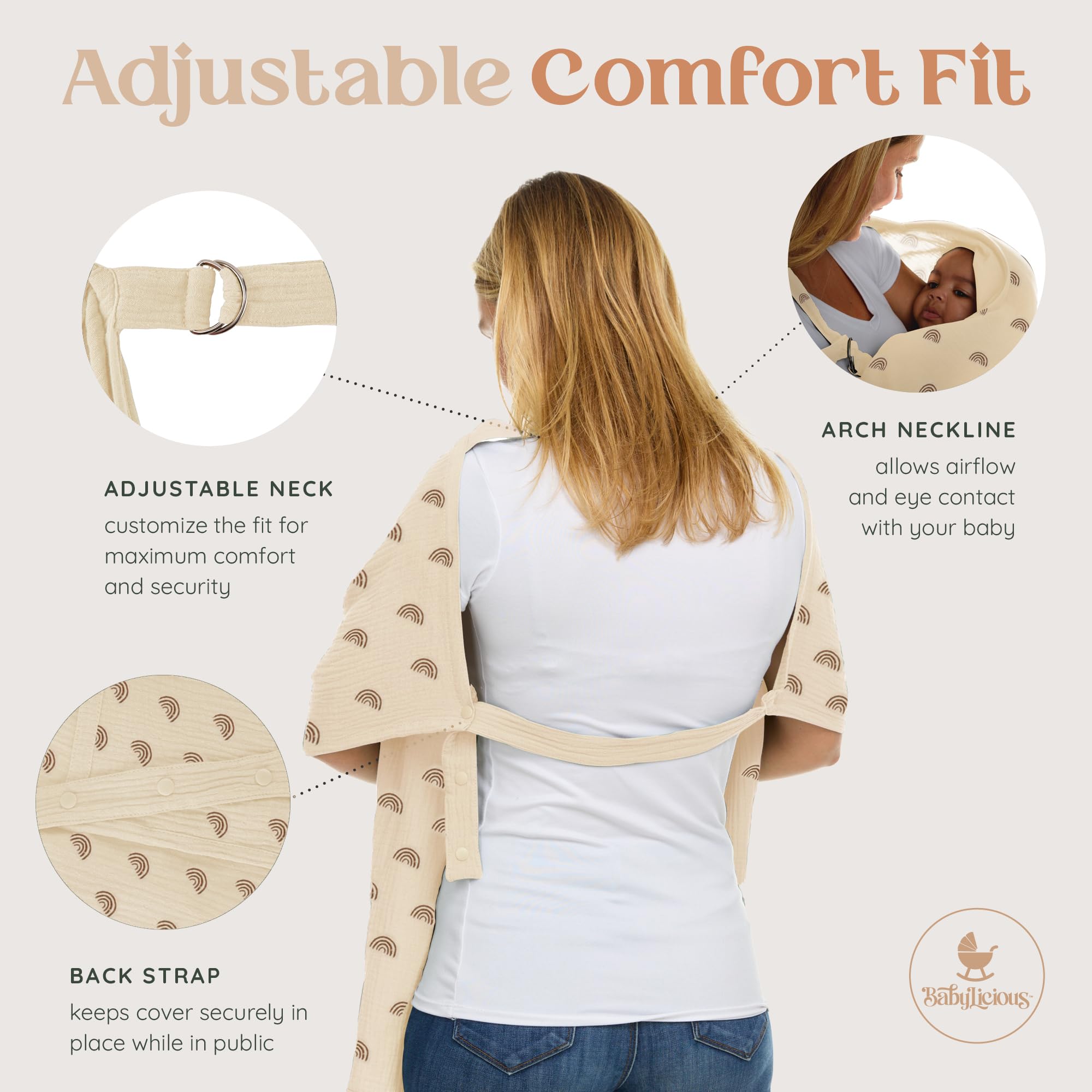 Babylicious nursing cover with adjustable straps for secure, comfortable fit.