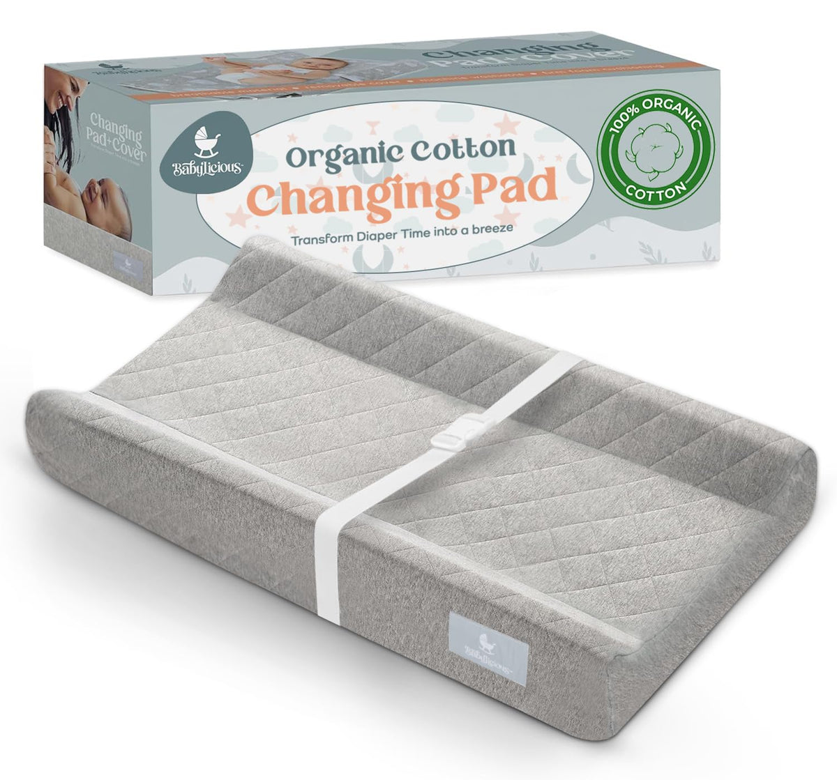 Babylicious organic cotton changing pad provides breathable comfort during diaper changes.
