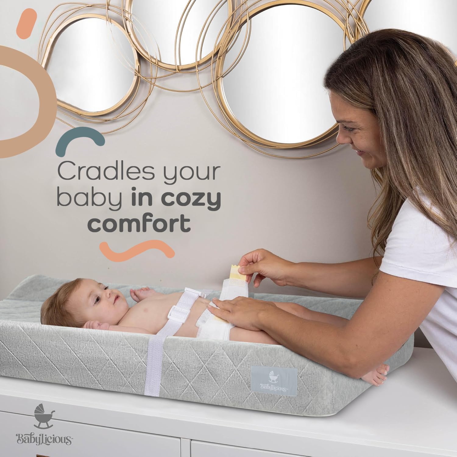 Babylicious sandy beige pad adds subtle style to the changing area.