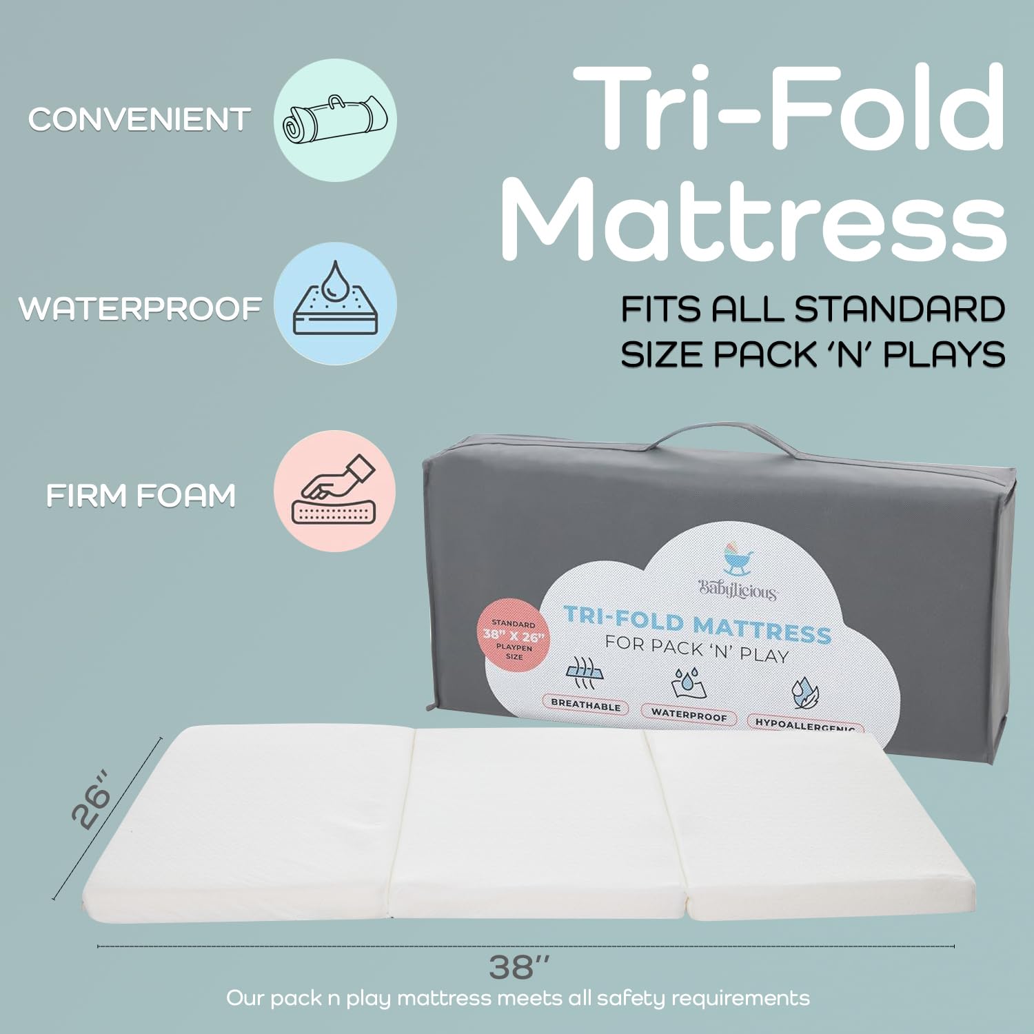 Babylicious tri-fold design shown for portable use and compact storage.