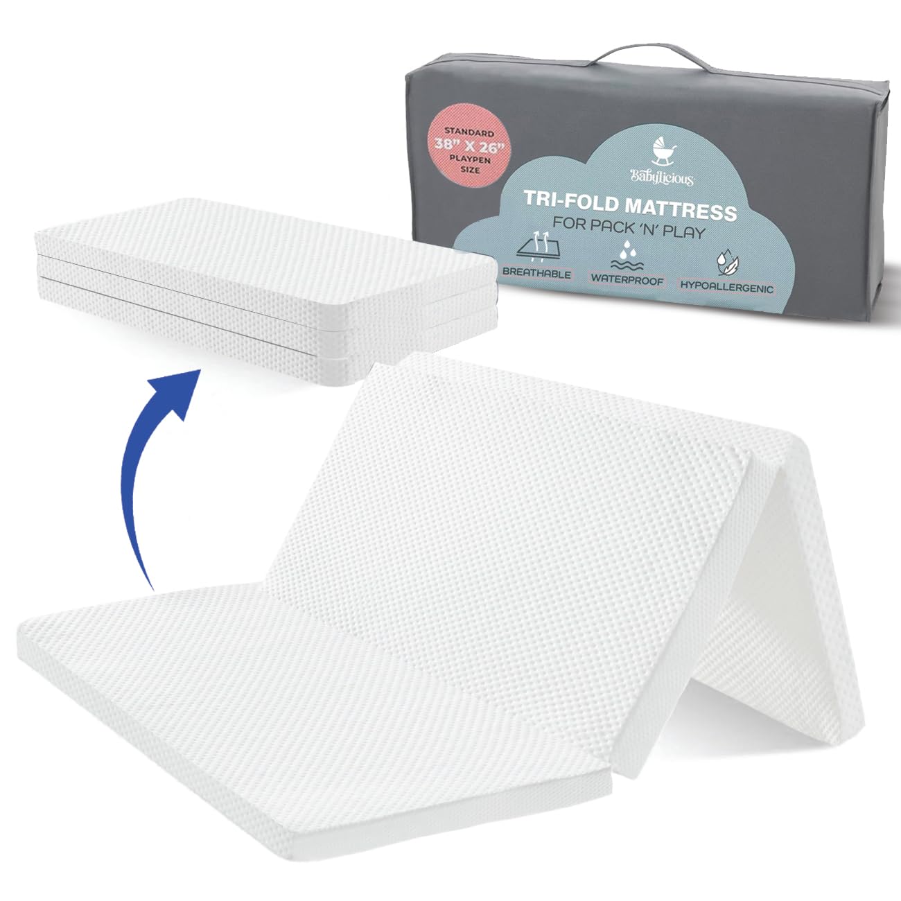 Babylicious waterproof pack-n-play mattress topper on flat surface for easy cleanup.