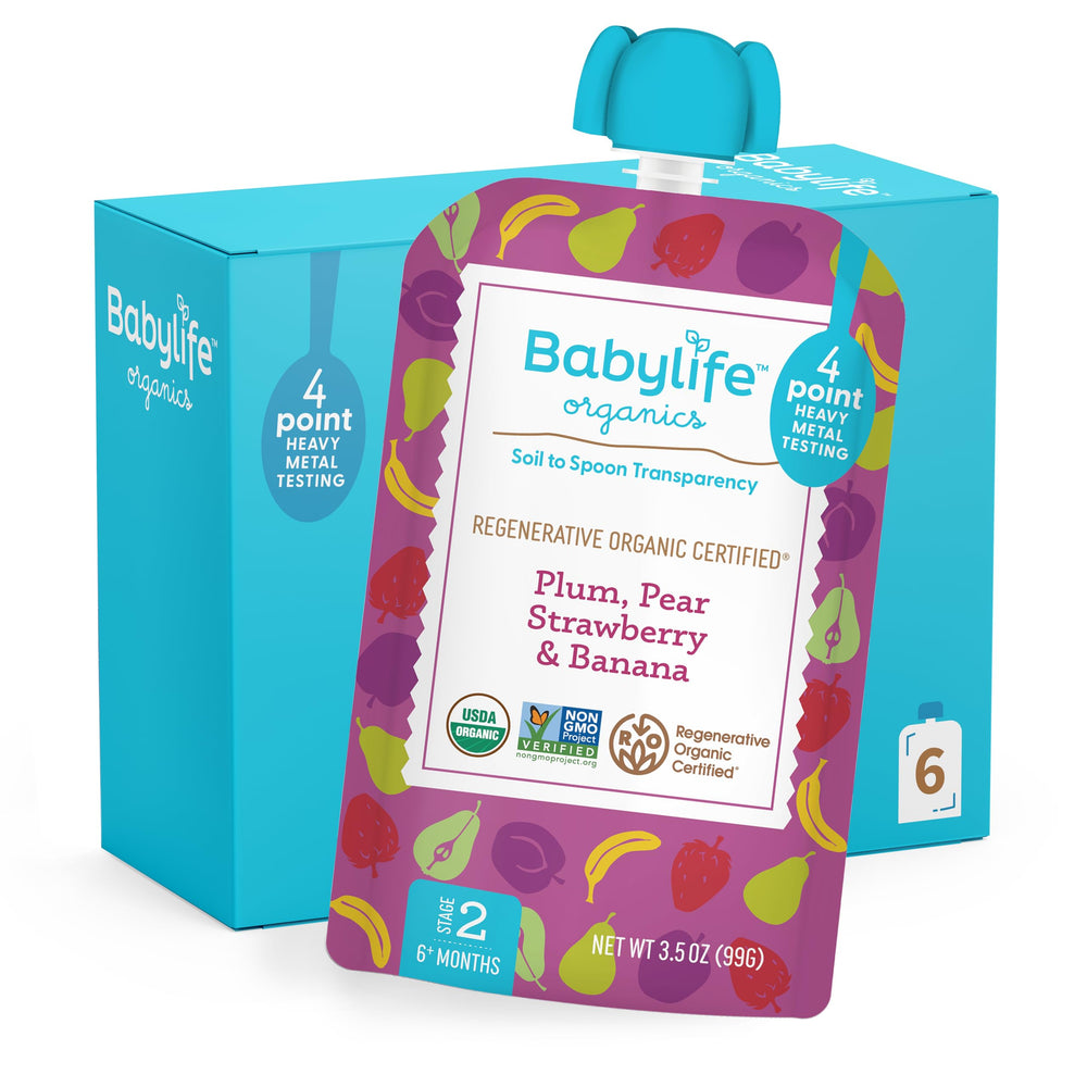 Babylife Organics Stage 2 plum-pear-strawberry-banana pouch front, ideal for on-the-go snacking
