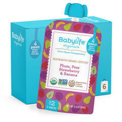 Babylife Organics Stage 2 plum-pear-strawberry-banana pouch front, ideal for on-the-go snacking