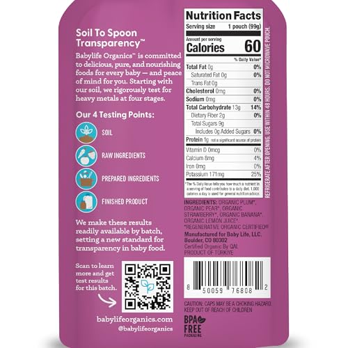 Babylife Organics Stage 2 pouch back label shows ingredients and certifications