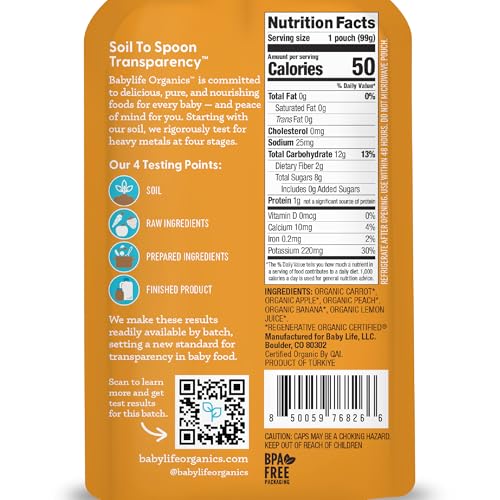 Babylife Organics Stage 2 pouch back label shows organic and non-GMO ingredients