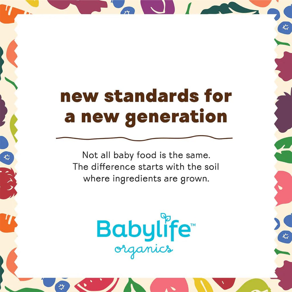 Six-pack of Babylife Organics Stage 2 pouches stacked for convenient meals