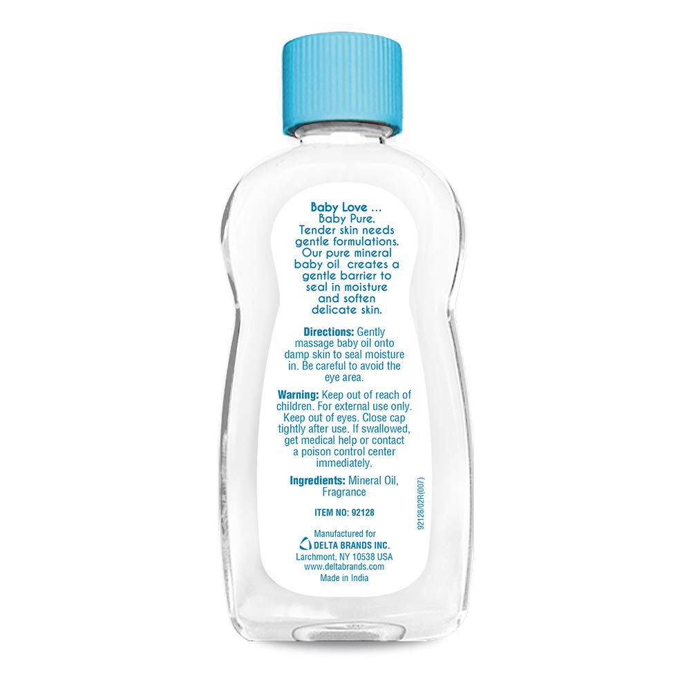 Babylove Sleepy Nights baby oil after-bath application — gentle makeup removal and hydration.