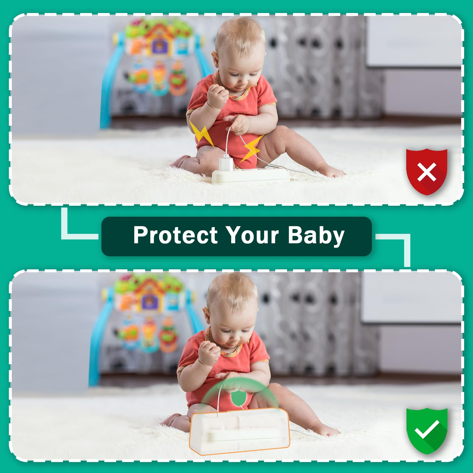 Babylush adjustable-length outlet box fits most sockets and adapters.