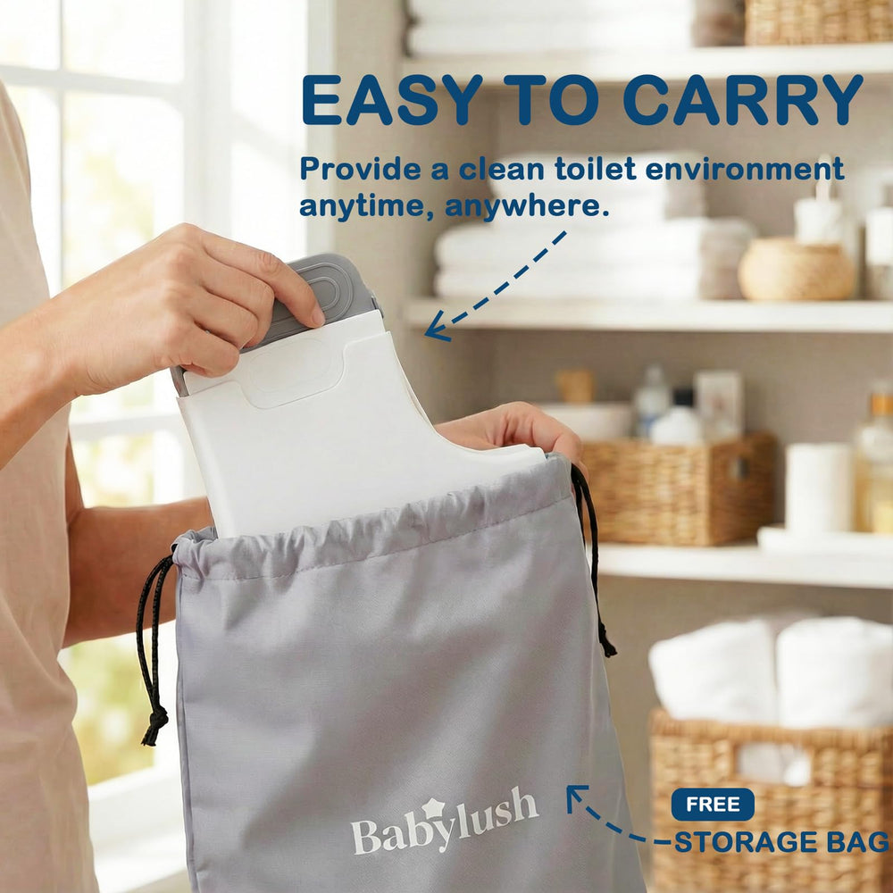 Babylush travel potty seat used on rectangular toilet.