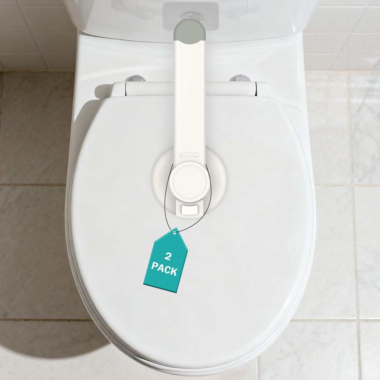 Babylush Baby Toilet Lock 2 Pack on lid for safe bathroom use.