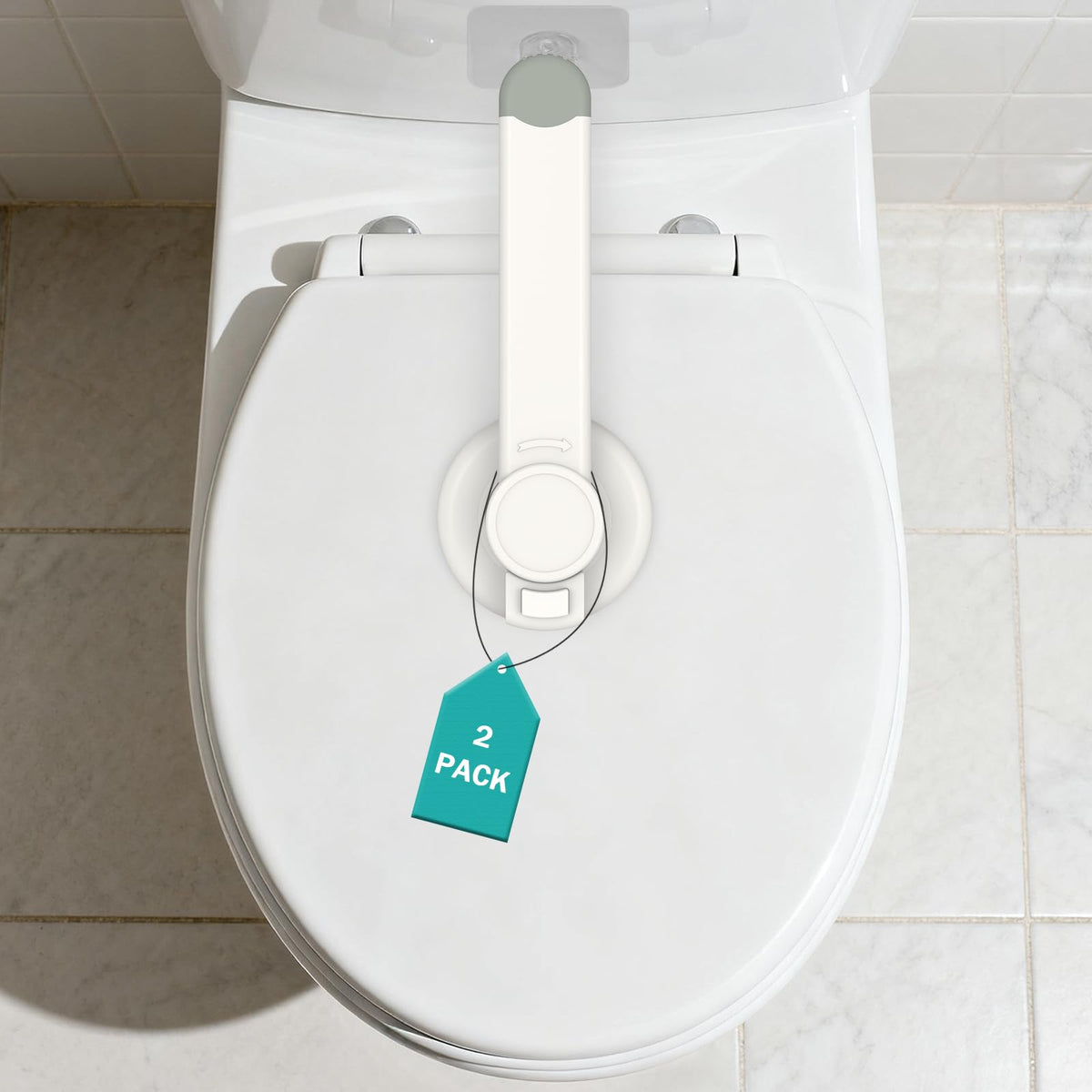 Babylush Baby Toilet Lock 2 Pack on lid for safe bathroom use.