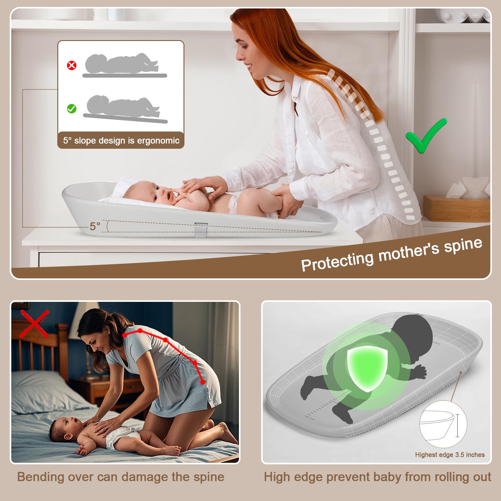 Babylush safety rails with adjustable harness prevent wiggles during diaper changes.