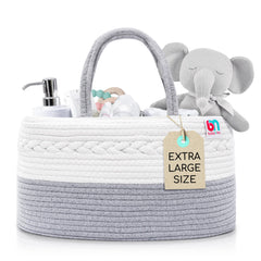 Babynma rope diaper caddy in gray, extra-large capacity for nursery organization.