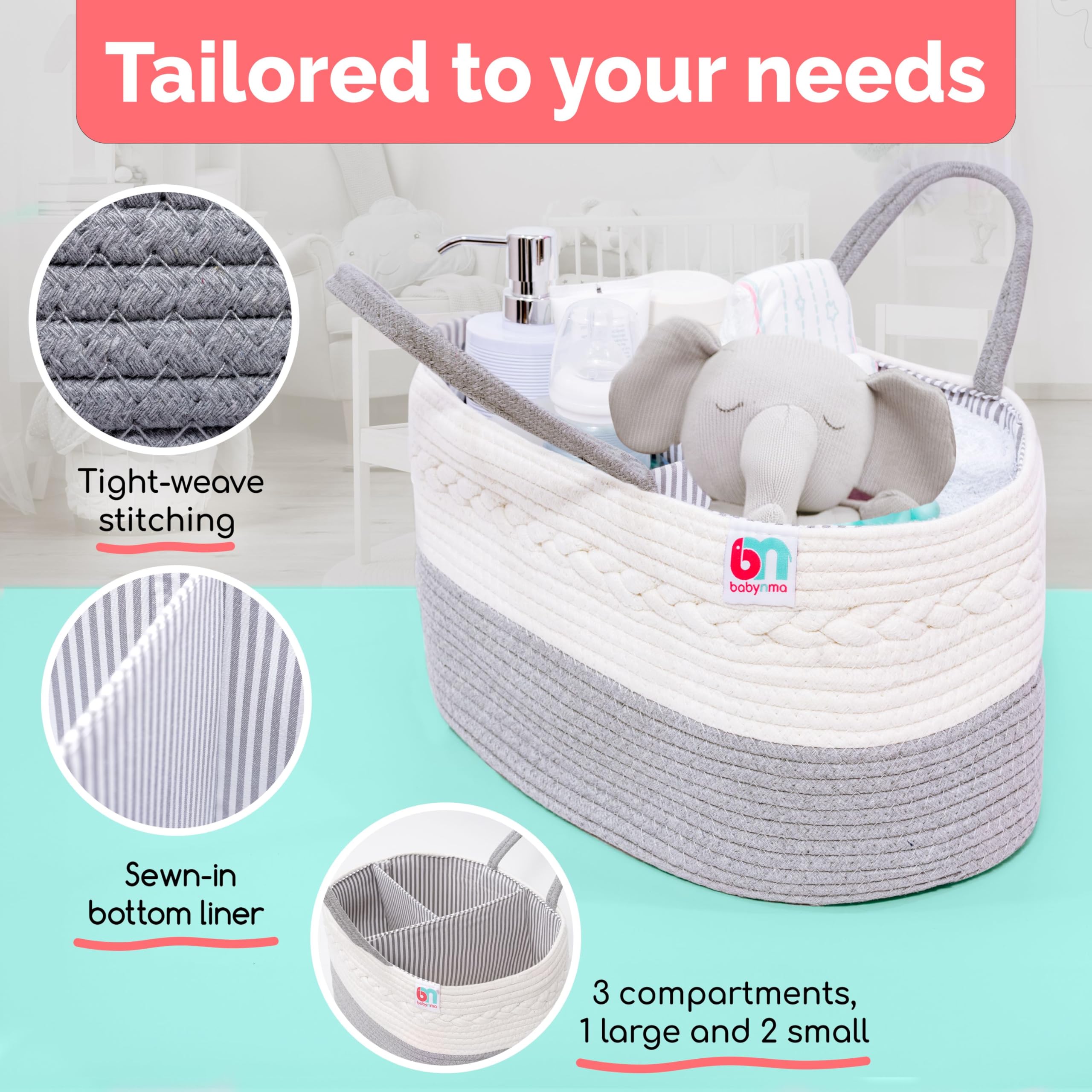 Gray and white liner adds subtle nursery style.