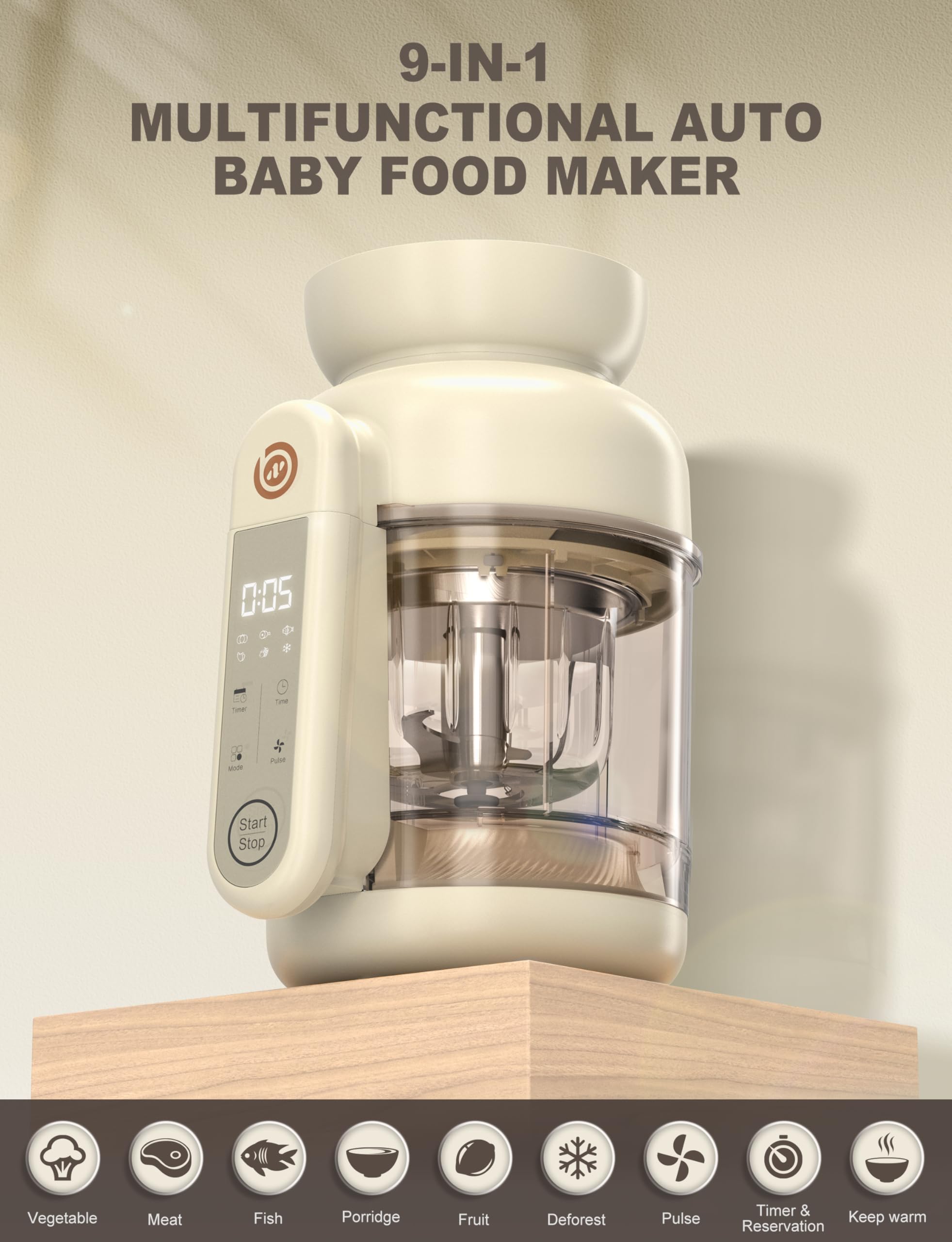BabyNutri precision blades with pulse function for silky purees and adjustable texture.