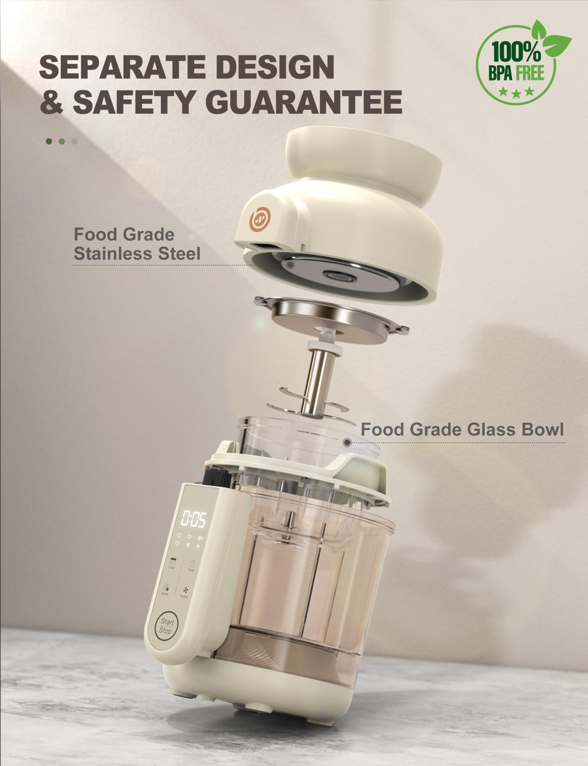 Safety lock lid and stainless steel cup ensure secure operation during blending.