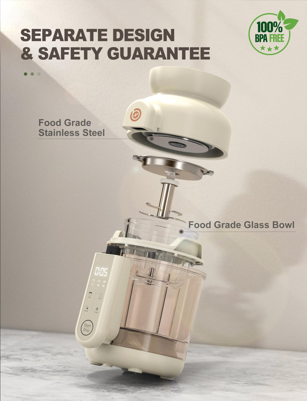 Safety lock lid and stainless steel cup ensure secure operation during blending.