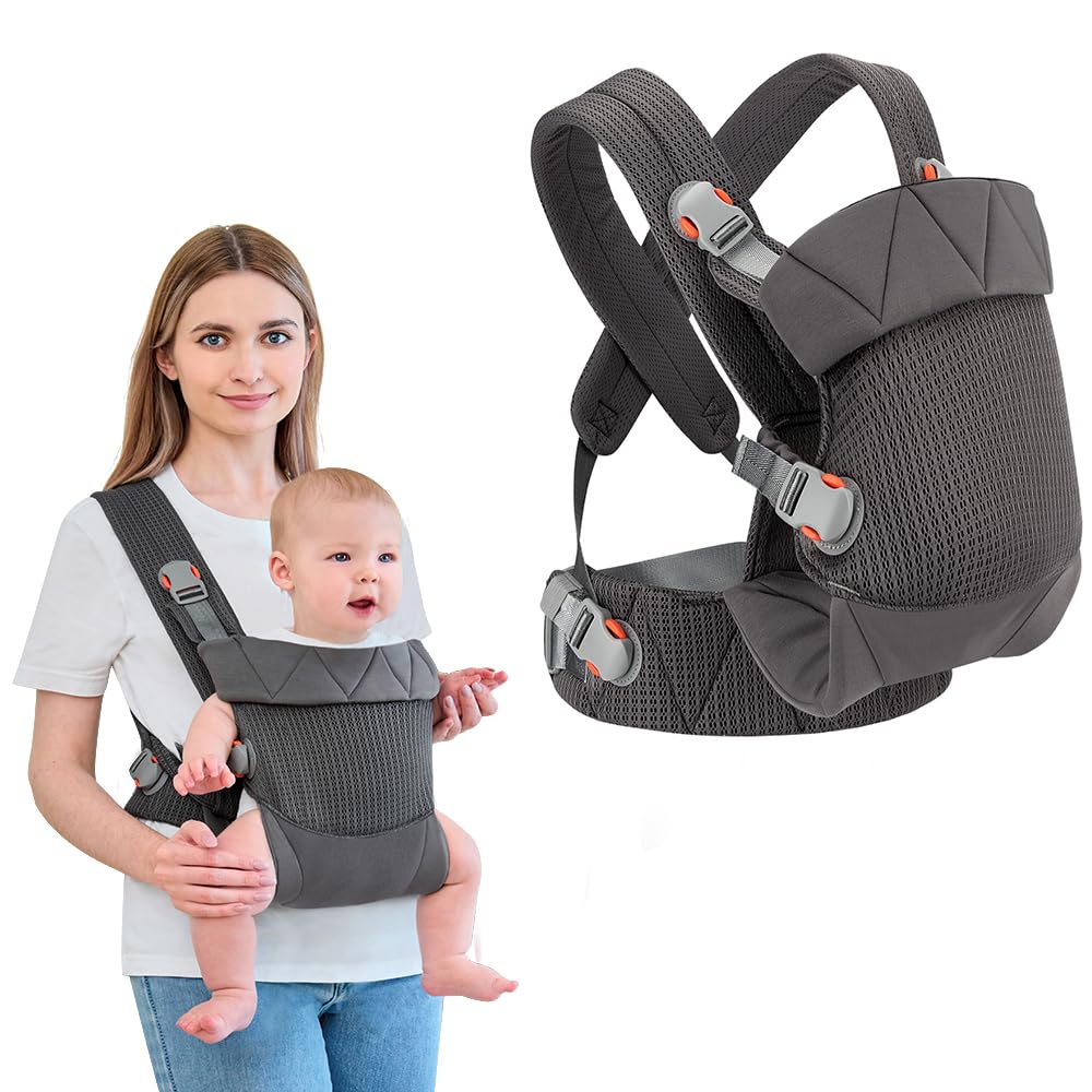 BABYPARK Baby Carrier front view in dark grey offers hands-free versatility for daily outings.