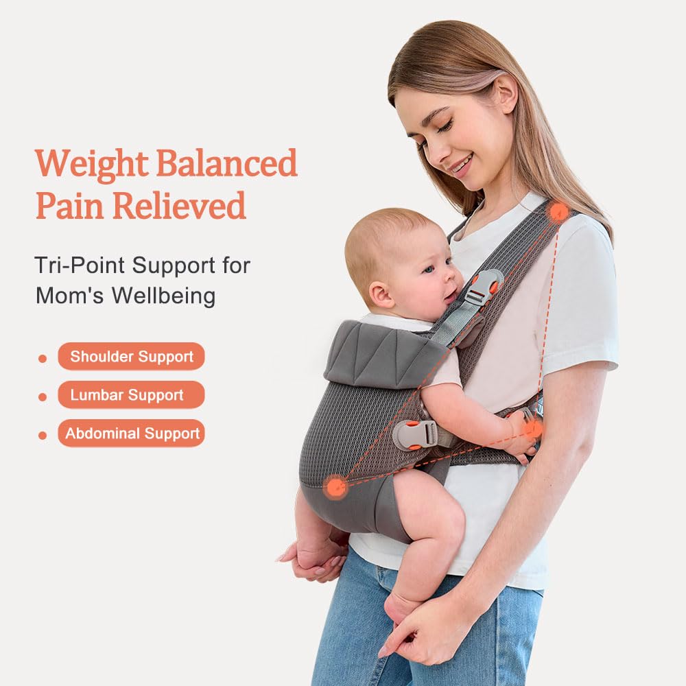 BABYPARK waist belt provides lumbar support to reduce caregiver strain during long carries.