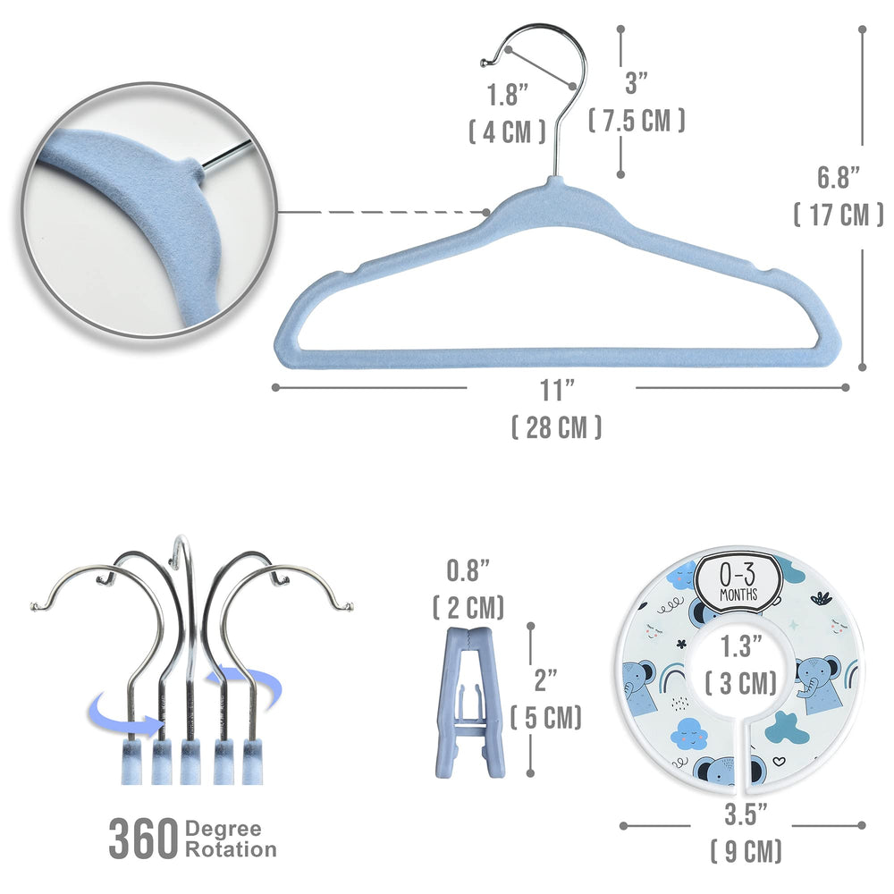 Babyrish velvet hangers with dividers organizing outfits by size